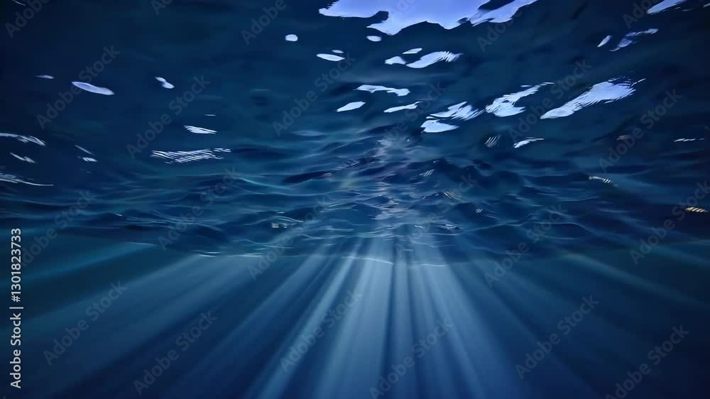 Poster sunrays penetrating through deep blue ocean water creating serene atmosphere