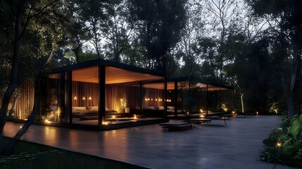 Obraz premium 3D Illustration - Tranquil Forest Retreat Architecture, Night, Cozy, Serene, Modern, Glass, Wood, Nature, Relaxation, Escape