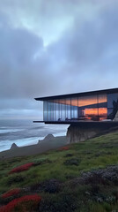 Fototapeta premium Illustration - Modern Glass House Ocean Cliff Sunset View