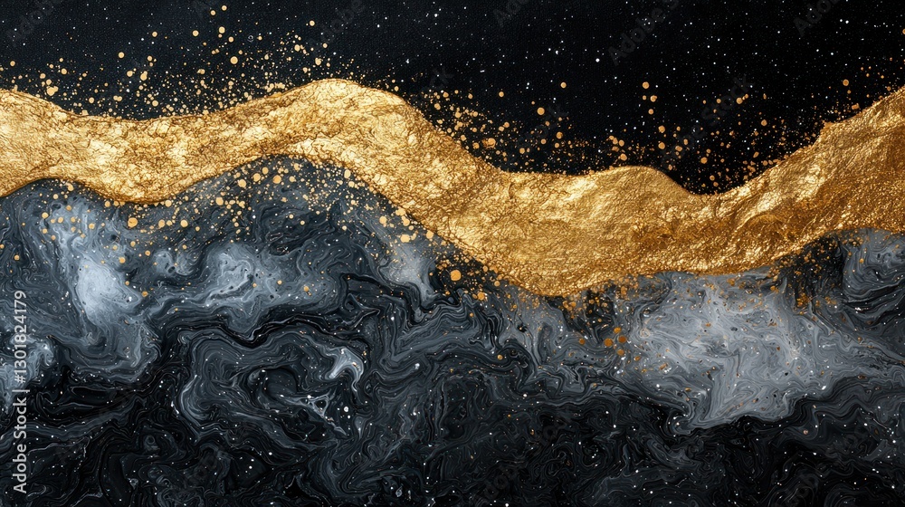 Sticker gold pigment flowing over dark marble background creating abstract textured waves