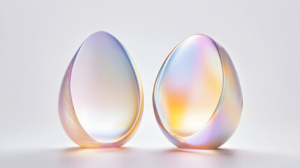 Surrealistic Easter scene with glowing translucent eggs and abstract light play. Artistic holiday design.
