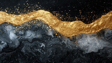 Gold pigment flowing over dark marble background creating abstract textured waves