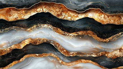 Golden bands layering over dark marbled stone background in a digital rendition