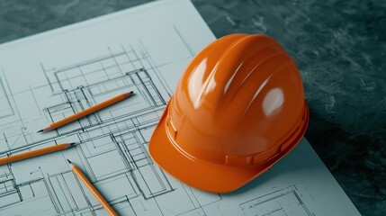 Orange Safety Helmet on Blueprint with Pencils for Construction Work