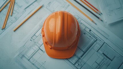 Orange Safety Helmet on Architectural Blueprints and Pencils