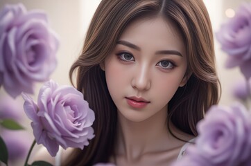 Fototapeta premium Beautiful Asian Woman Surrounded by Lavender Roses: Serene Portrait in Floral Setting