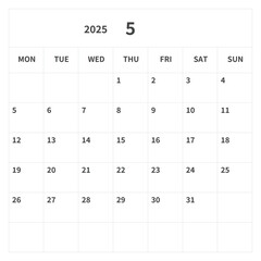 Simple square calendar for May 2025, vector, template