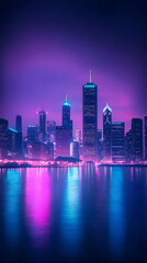 Obraz premium Illustration - City Skyline at Night, Urban Landscape, Synthwave Aesthetic