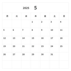 2025年(令和7年) シンプルな正方形カレンダー 5月, ベクター, テンプレート, 月曜始まり