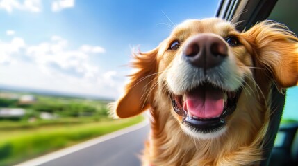 A dog is sitting in a car window and is smiling. The dog's mouth is open and its tongue is hanging out. The scene is bright and cheerful, with the sun shining through the window