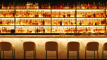 Photo - Illuminated Bar Display with Liquor Bottles and Modern Stools