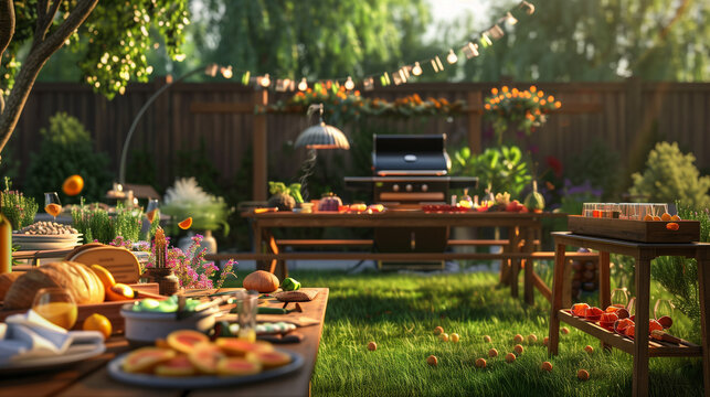 Backyard Summer BBQ & Cocktail Party Scene. Backyard Summer BBQ & Cocktail Party Or Picnic On The Lavn Scene And Concept