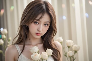 Naklejka premium Asian Woman with White Roses: Beauty, Grace, and Femininity. Portrait for romantic themes. 
