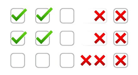 Set of Green and Red Checkbox Icons with Yes and No Signs on white Background,set of checkboxes featuring green check marks for "Yes" and red crosses for "No."
