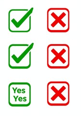 Set of Green and Red Checkbox Icons with Yes and No Signs on white Background,set of checkboxes featuring green check marks for "Yes" and red crosses for "No."