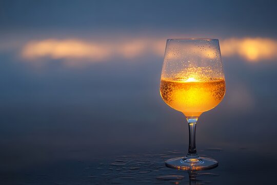 Illuminated wine glass against soft focus warm lights on misty evening