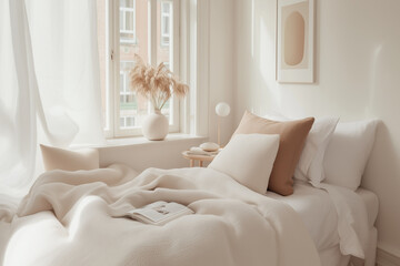 Minimalist bedroom in beige and white tones with pampas grass and natural light