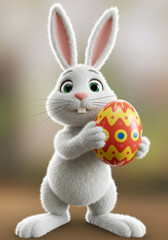 Obraz premium Adorable Easter Bunny Holding a Decorated Egg – 3D Render