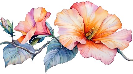 Fototapeta premium Vibrant Watercolor Hibiscus Blossoms: Botanical Illustration AI Generated