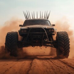 Fototapeta premium Rugged Off-Road Vehicle with Spikes on Desert Terrain Adventure