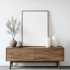 A wooden mock up frame placed on a decorated wooden sideboard