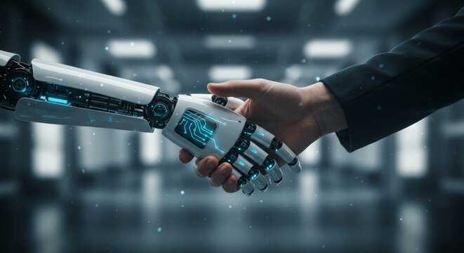 An AI-powered robot hand shaking hands with a human, symbolizing technology, innovation, and collaboration, set in futuristic lighting