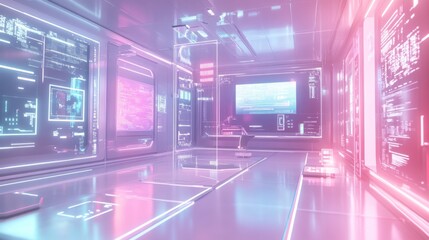 Futuristic Spaceship Interior: Neon Lights and Digital Displays