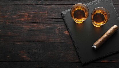 Two whiskey glasses and cigar on dark wood. (2)