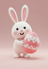 Cute Easter Bunny Holding a Pink Decorated Egg – 3D Render