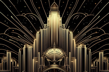 Illustration Art Deco Cityscape Gold Black Night Sky