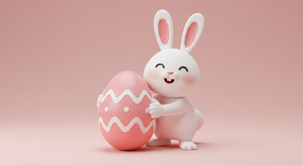 Obraz premium Cute Easter Bunny Holding a Pink Decorated Egg – 3D Render