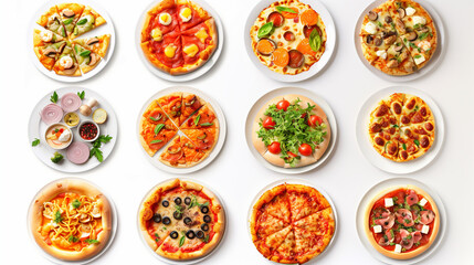 Various delicious foods set, top view plates of fast foods isolated on white background. Assortment of top view food dishes. pizza, pasta, salmon, lasagna, rolls, bbq, ice cream. Italian food set