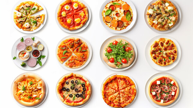 Various delicious foods set, top view plates of fast foods isolated on white background. Assortment of top view food dishes. pizza, pasta, salmon, lasagna, rolls, bbq, ice cream. Italian food set