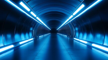 Fototapeta premium Illuminated Blue Tunnel Perspective with Metallic Walls and Shiny Floor