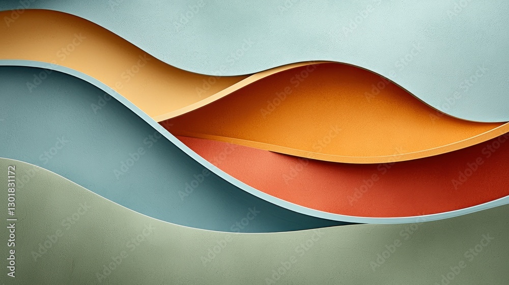 Wall mural paper layers arranged in wavy patterns against a solid light gray background