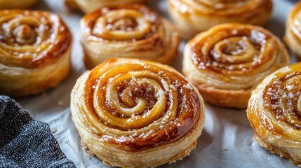 Fototapeta premium Freshly baked golden-brown pastry swirls with a glossy glaze, perfect for dessert or breakfast.