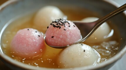 A close-up of colorful glutinous rice dumplings in sweet syrup, served in a bowl with a spoon, creating an inviting dessert scene.