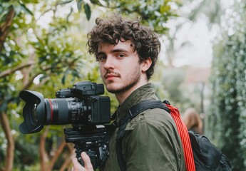 Young Male Photographer with Camera in Lush Outdoor Setting