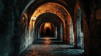 Fototapeta premium Exploring Arched Stone Tunnel with Lanterns Casting Warm Light