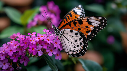 Obraz premium Butterfly with black and red spots on purple flowers