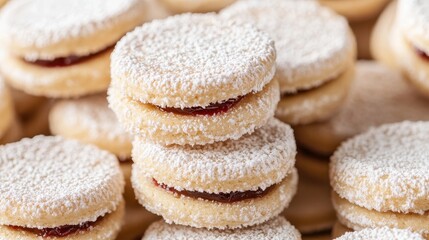 A delightful stack of sweet, round cookies filled with jam and dusted with powdered sugar.