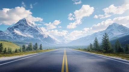 Scenic Mountain Road Under Blue Sky with Clouds - Travel Landscape Photography