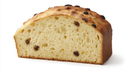Freshly baked loaf of bread with raisins, showcasing a golden crust and soft, airy interior.