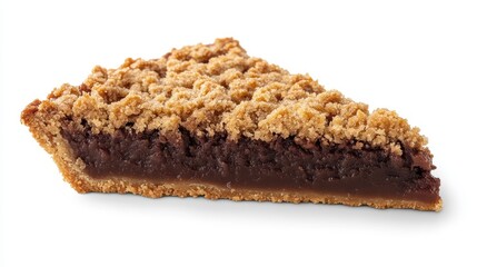 A delectable slice of chocolate pie featuring a crumbly topping, showcasing rich layers and a perfectly baked crust.