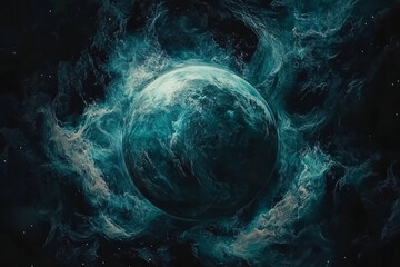 Wide shot of a dark blue and teal planet in space, with swirling clouds, a nebula, and a dark background.