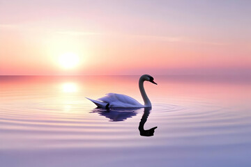 Fototapeta premium Photo - Serene Swan at Sunset on Calm Water