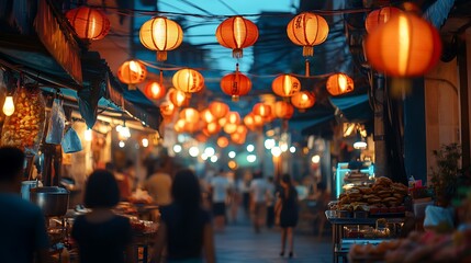 Naklejka premium Walking Through a Bustling Street Market Adorned with Hanging Lanterns