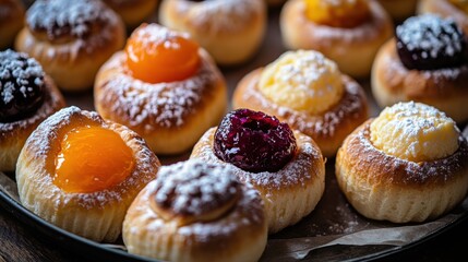 Delicious assorted pastries topped with colorful fruit preserves and powdered sugar.