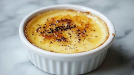 A delicious serving of crème brûlée in a white ramekin, featuring a caramelized sugar crust and a smooth, creamy filling.