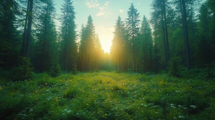 Fototapeta premium Forest Sunlight Through Trees And Meadow